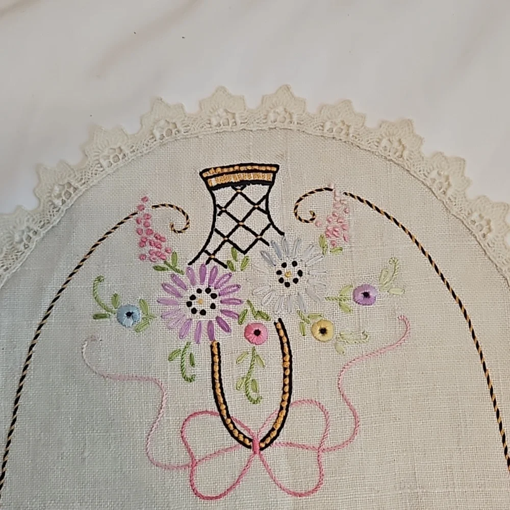 Vintage Hand Stitched Needlepoint Doily Oval Floral